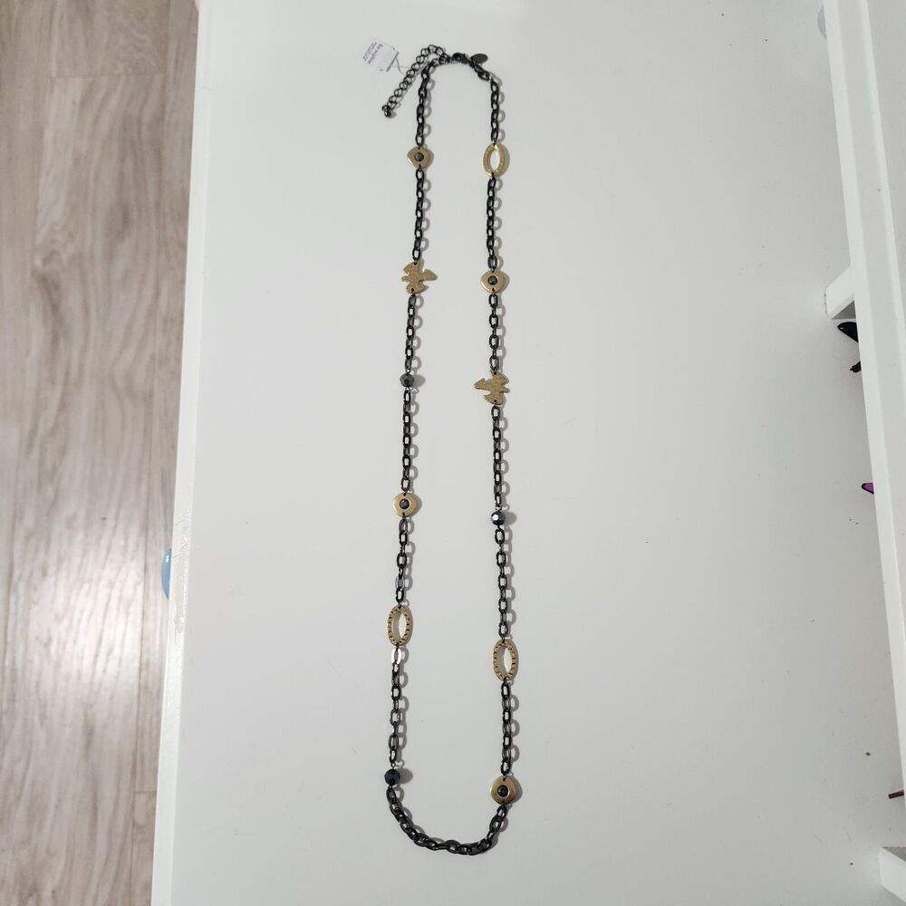 Lia Sophia Gold Tone Gun Metal Gray Long Necklace Dove Beaded Chain Ringlet